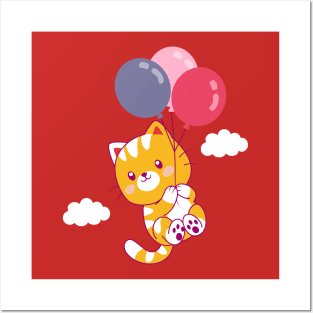 Cute Flying Cat With Balloons Posters and Art